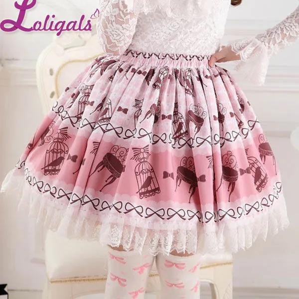 Sweet Bird in Cage Printed Lolita Pleated Lace Skirt Elastic Waist Short Skirt