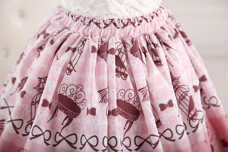 Sweet Bird in Cage Printed Lolita Pleated Lace Skirt Elastic Waist Short Skirt