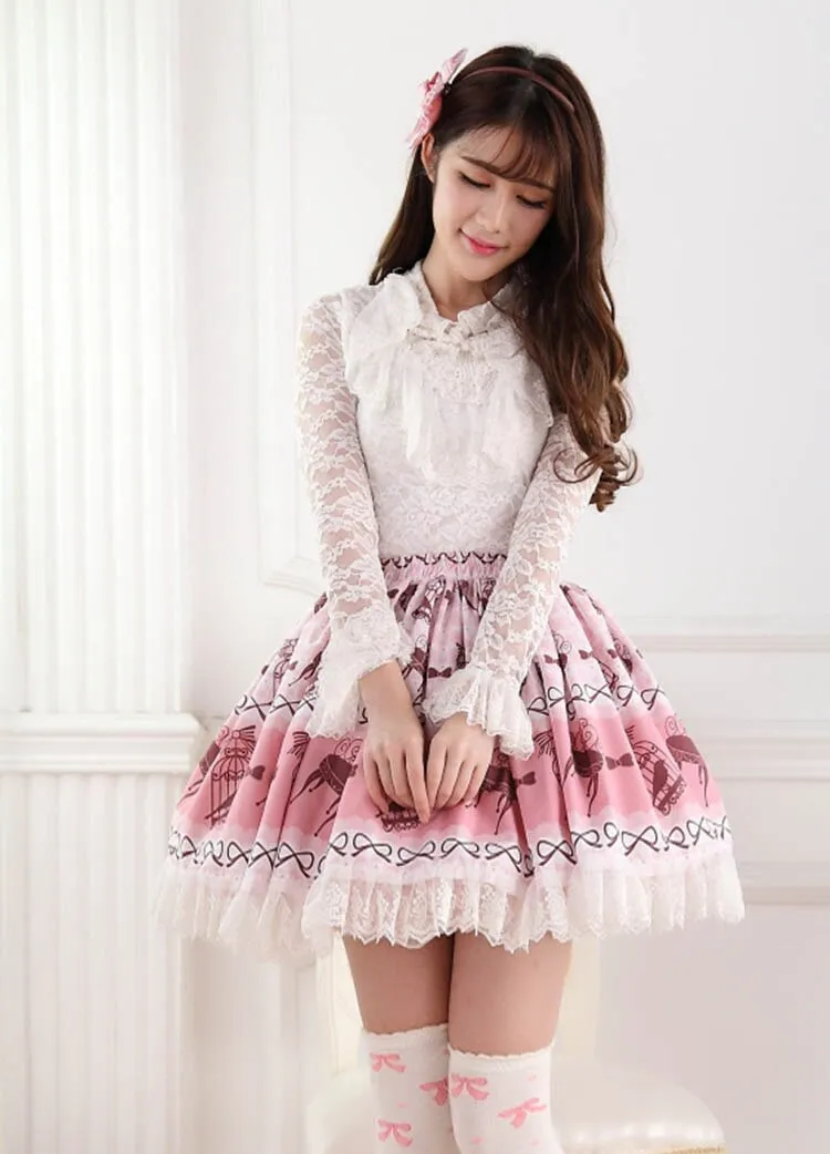 Sweet Bird in Cage Printed Lolita Pleated Lace Skirt Elastic Waist Short Skirt