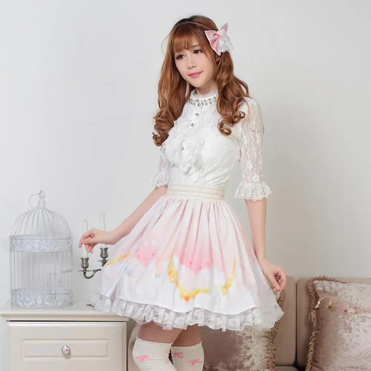 Sweet Fairy Moonlight Printed Short Lolita Pleated Lace Skirt for Lady