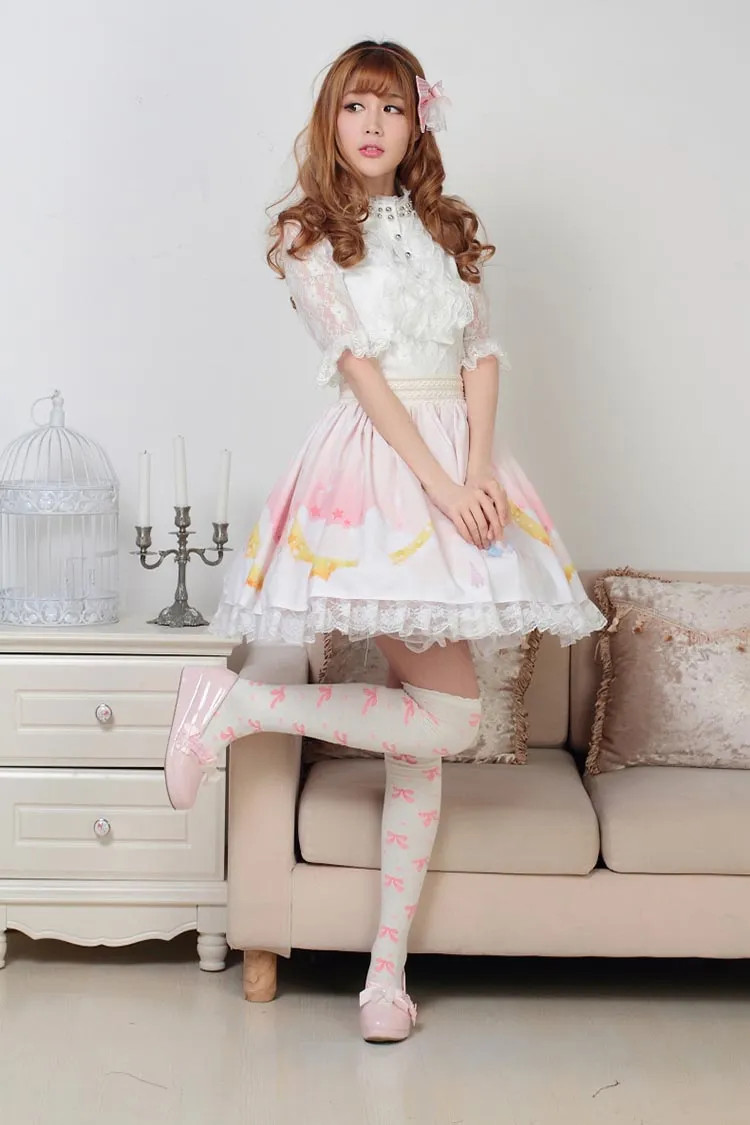 Sweet Fairy Moonlight Printed Short Lolita Pleated Lace Skirt for Lady