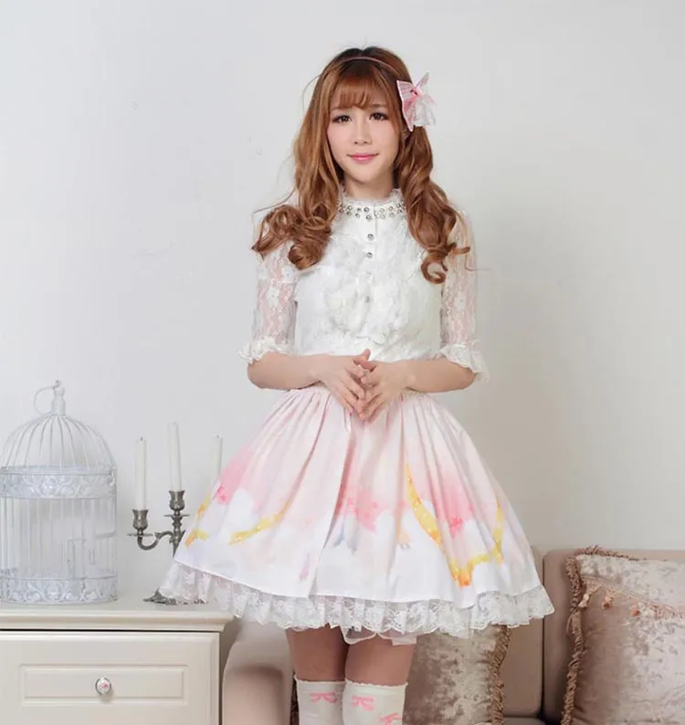 Sweet Fairy Moonlight Printed Short Lolita Pleated Lace Skirt for Lady