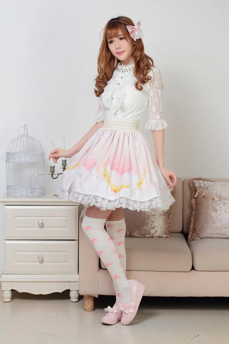 Sweet Fairy Moonlight Printed Short Lolita Pleated Lace Skirt for Lady