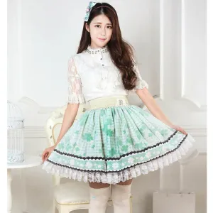 Sweet Light Green Short Skirt Cute Clover Printed Lolita Pleated Skirt with Lace Trimming