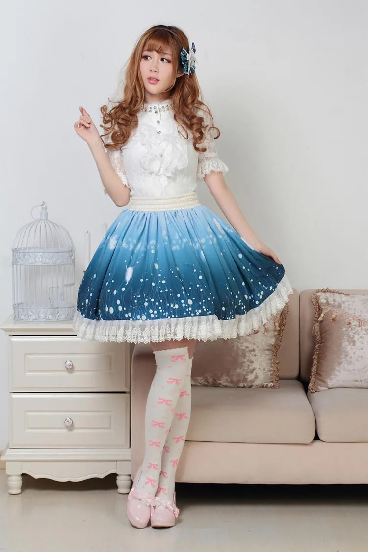 The Spirit of Night Sweet Lolita Floral and Angel Printed Pleated Lace Skirt with Ruffles