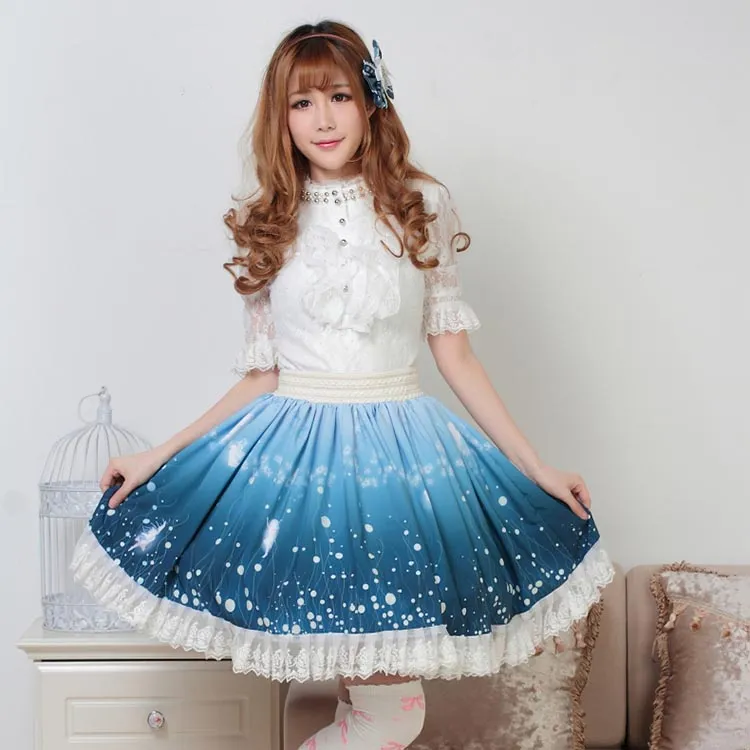 The Spirit of Night Sweet Lolita Floral and Angel Printed Pleated Lace Skirt with Ruffles