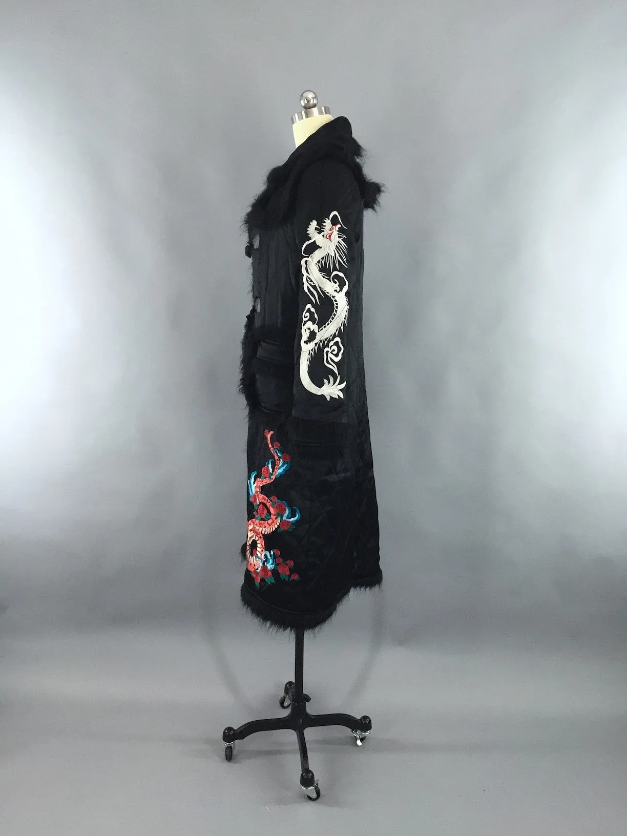 Vintage Black Satin Quilted Coat / Embroidered Dragons