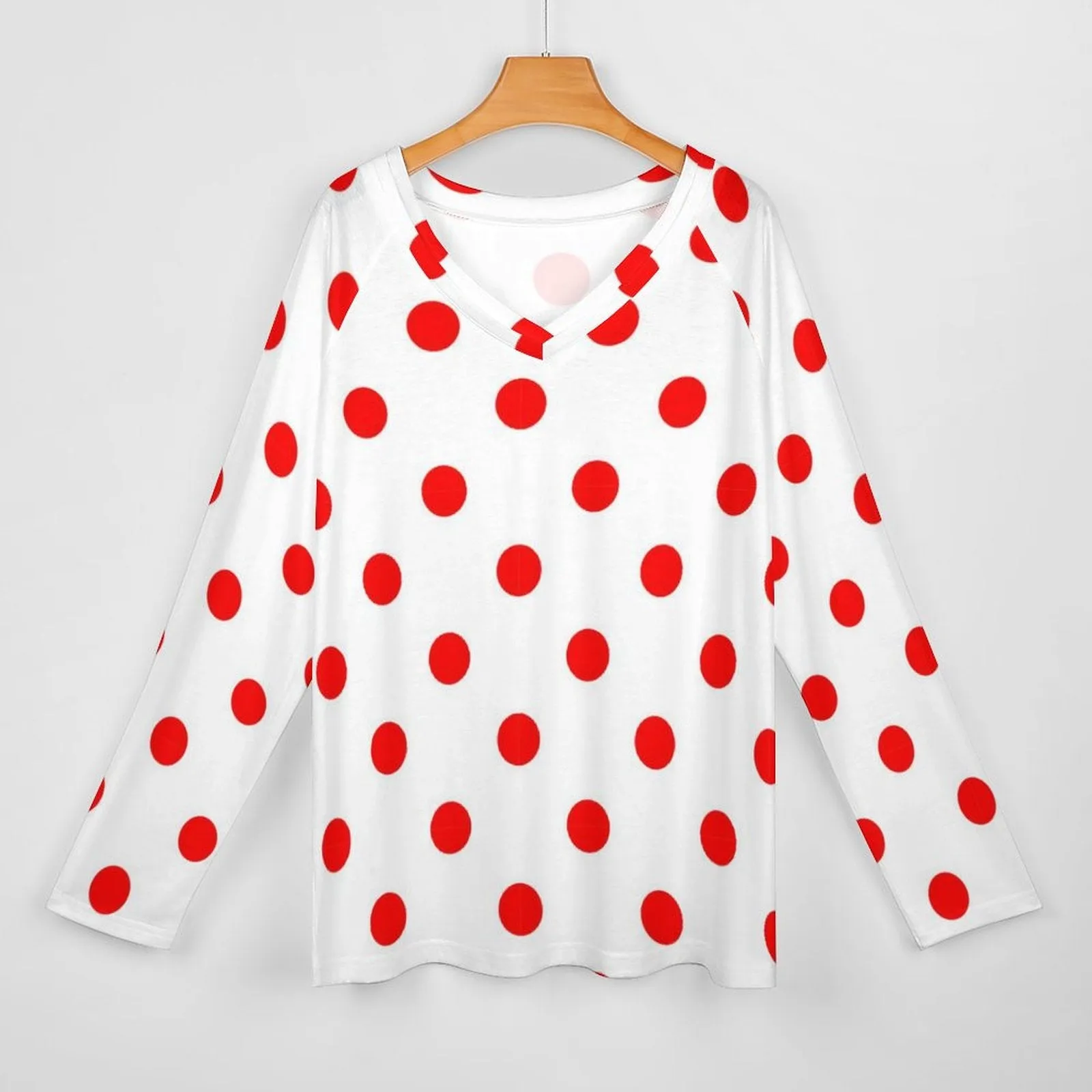 White With Red Polka Dots Long Sleeve Loose V-Neck Tee