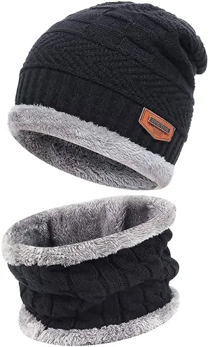 Woolen Cap with Neck Muffler/Neck Warmer/Scarf Snow Proof, Inside Fur for Winters - Free Size